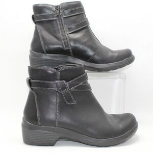 Clarks Collection Womens Black Leather Ankle Boots Side Zip Strappy Wedge 9M